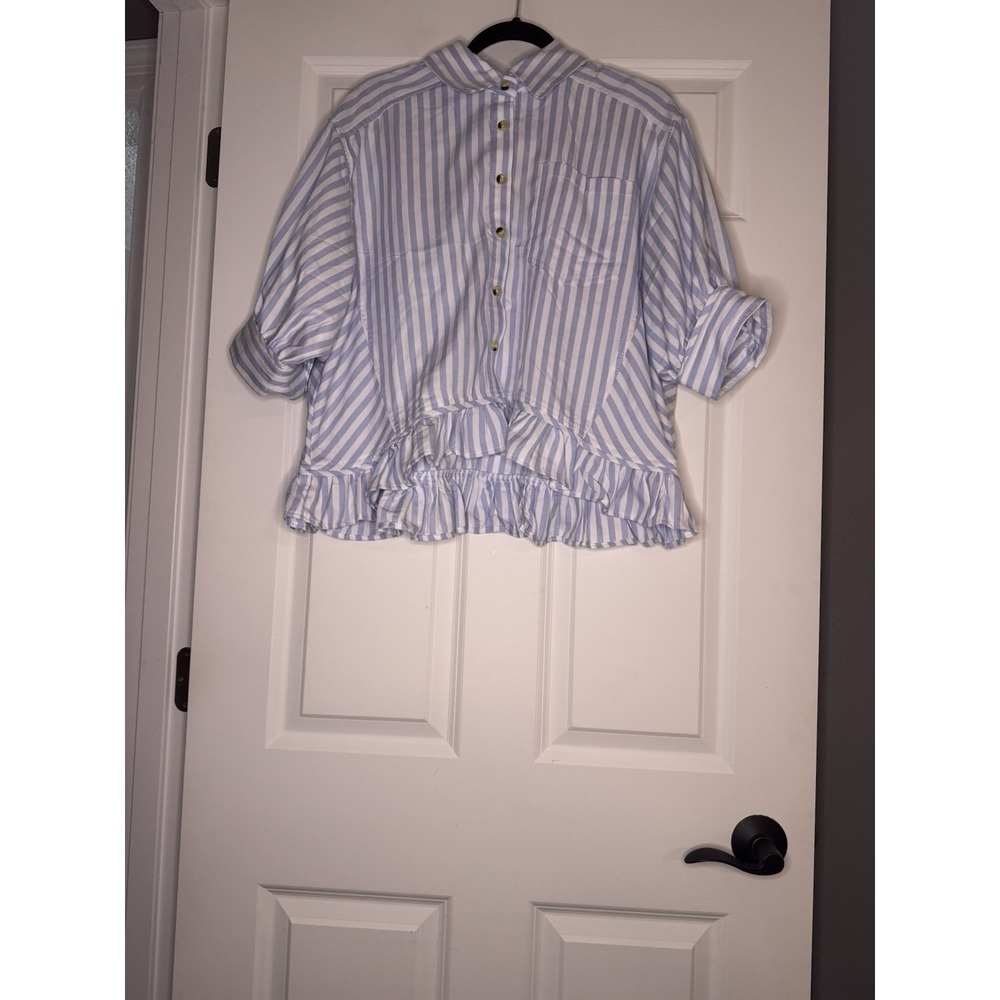 Chyrii Half Sleeve Striped Button Up Ruffle Top Large Blue White Nwt